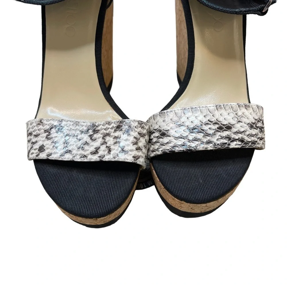 Jimmy Choo Neston Snakeskin Cork Wedge Sandals Velcro Strap Sz 37